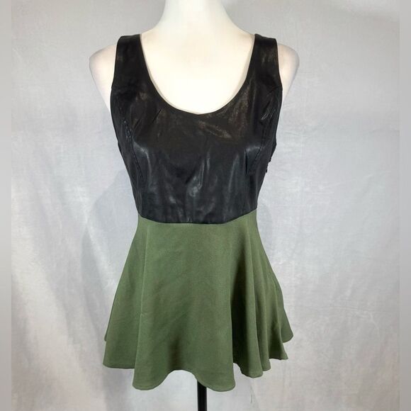 Double Zero black leather army green chiffon combo peplum top size medium - Picture 1 of 6